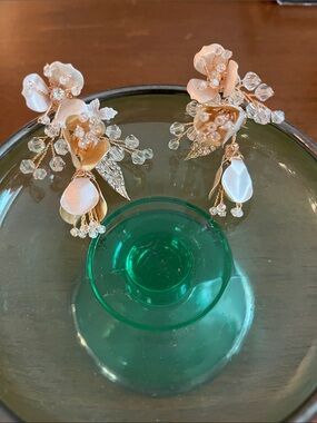 Gold Floral Pearl Crystal Drop Earrings - Blush and Ivory